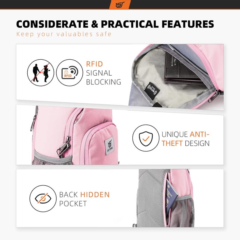 SKYSPER Sling Bag RFID Crossbody Sling Backpack Cross Body Shoulder Bag Travel Hiking Daypack for Women Men(Pink) - Image 3